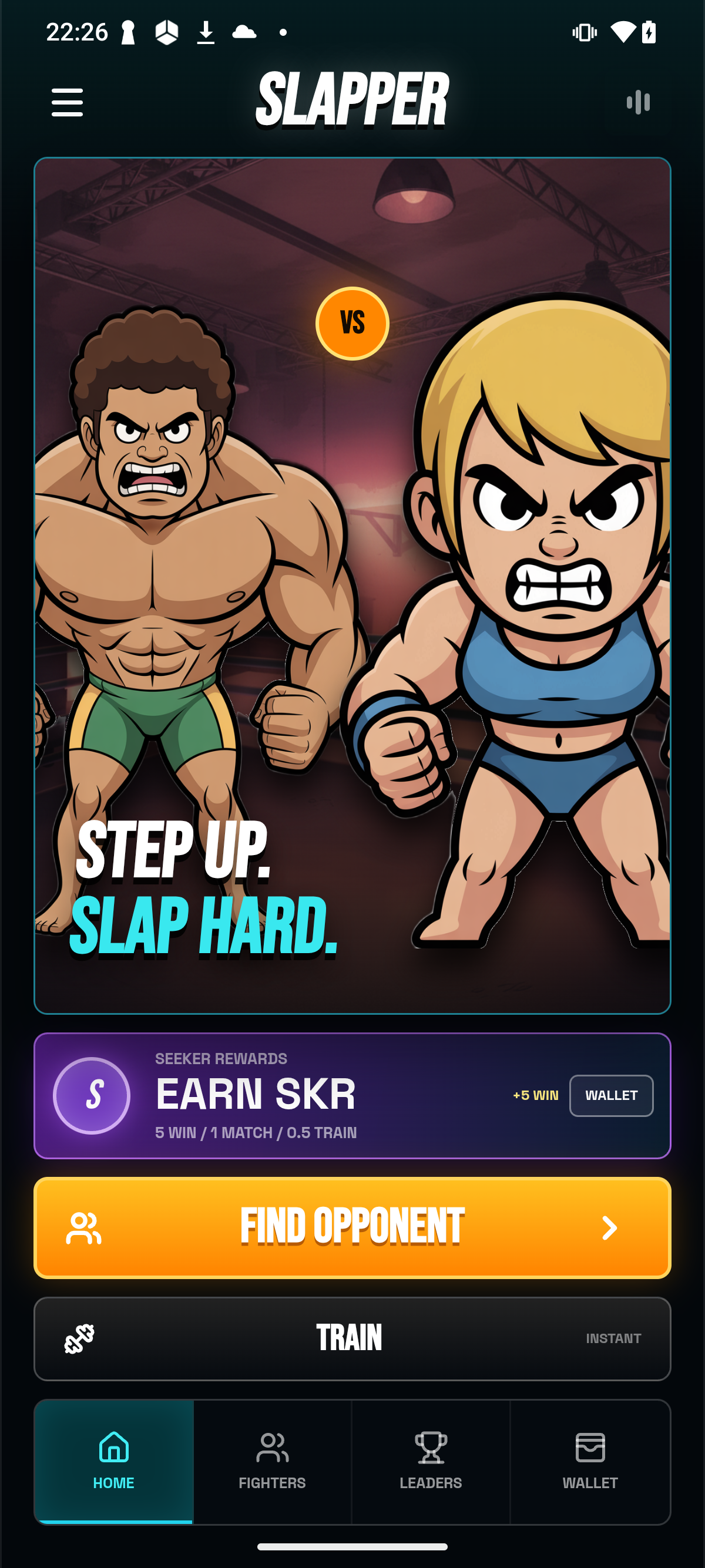 Slapper home screen with Find Opponent and Train options